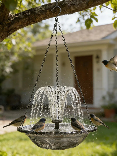 Fontaine Solaire Suspendue Bain d'Oiseaux et Mangeoire de Jardin