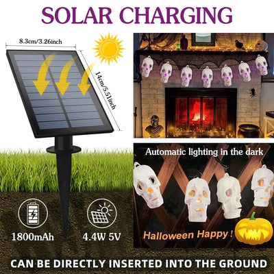 Guirlande Solaire Crâne Halloween 10 LED Étanche Extérieur