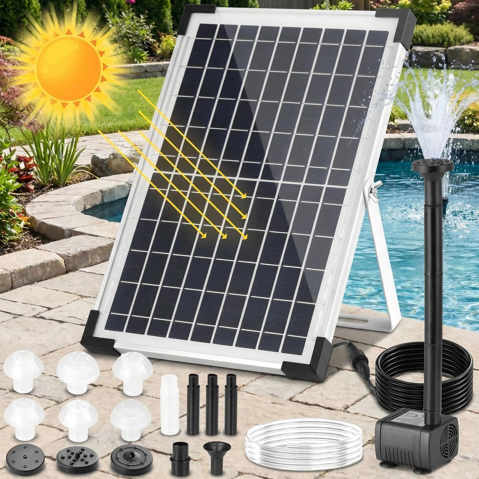 Fontaine Solaire 12 W 190 L/h pour Bassin avec 9 Buses