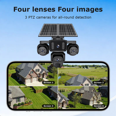Caméra de Surveillance Solaire 4G 4 Objectifs 4 Écrans PIR