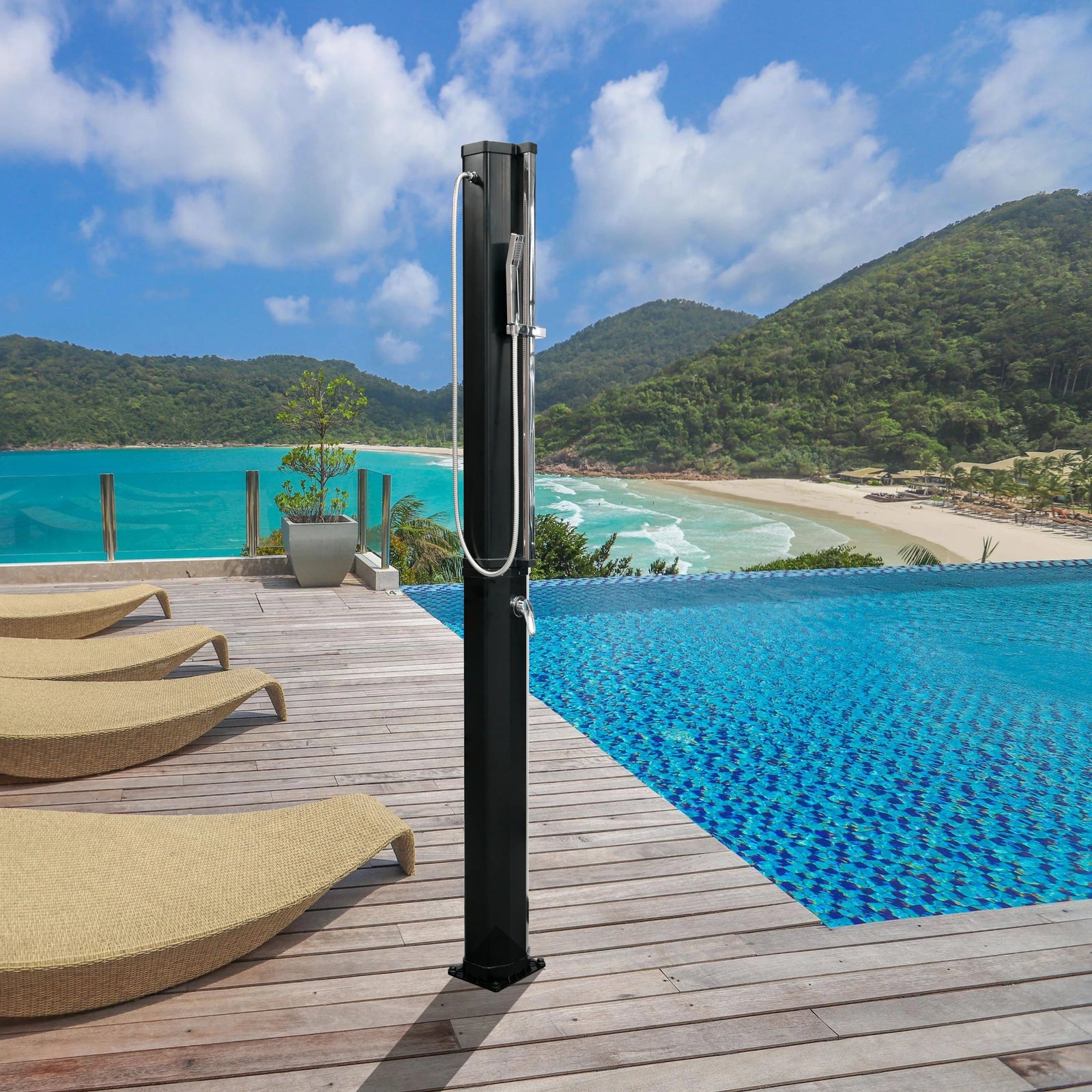 Douche Solaire de Piscine 35L Octogonale Noire avec Lave-Pieds