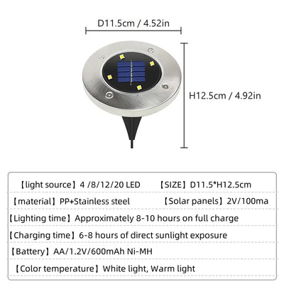 Lampe Solaire Disque Enterrée 8 à 20 LED IP65 Jardin Terrasse
