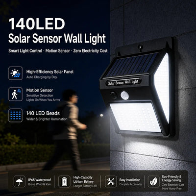 Applique Solaire Murale 140 LED 3 Faces Détecteur de Mouvement