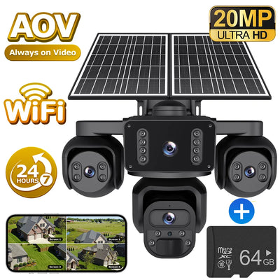 Caméra de Surveillance Solaire 4G 4 Objectifs 4 Écrans PIR