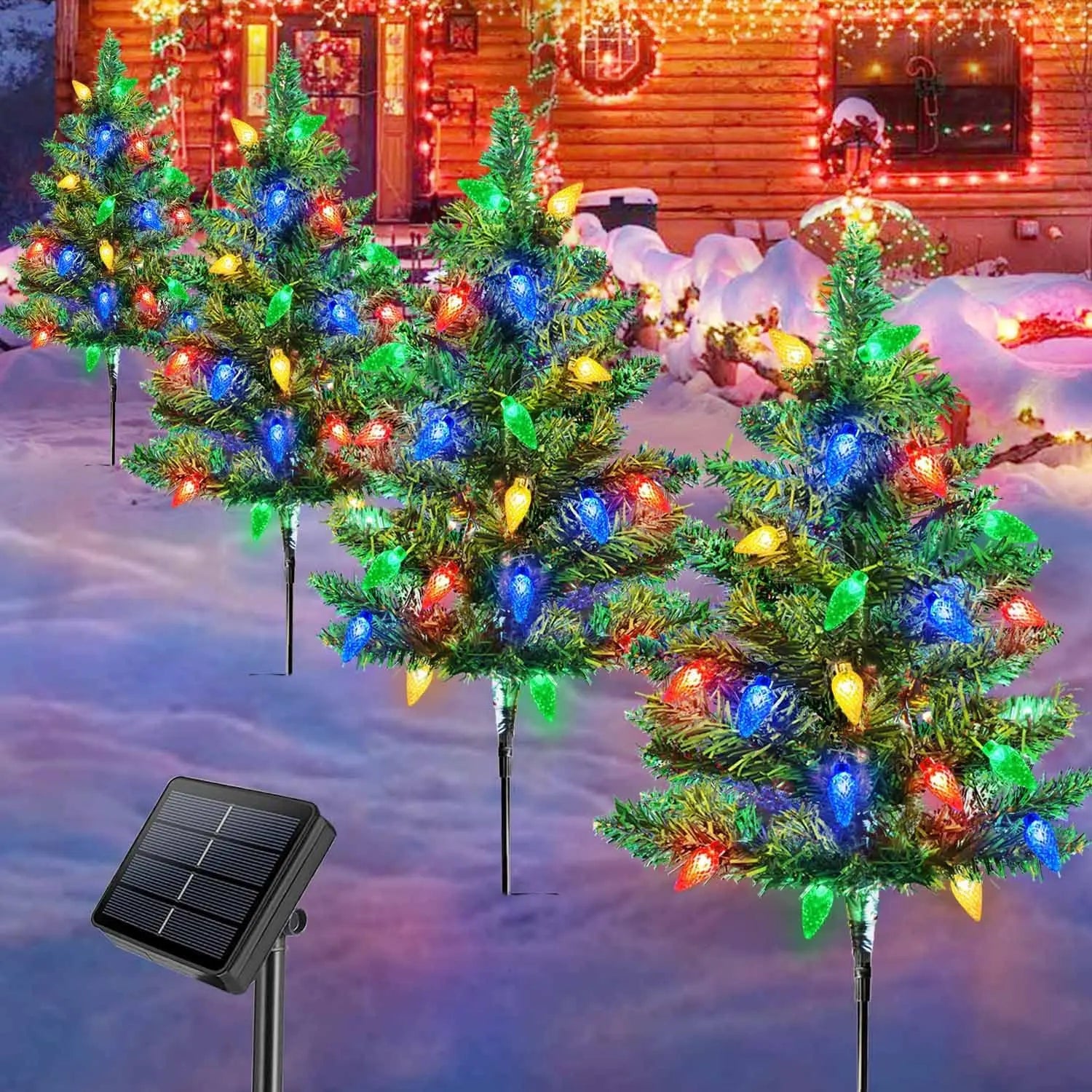Arbre de Noël Solaire Lot de 4 avec 80 LED C6 Multicolores