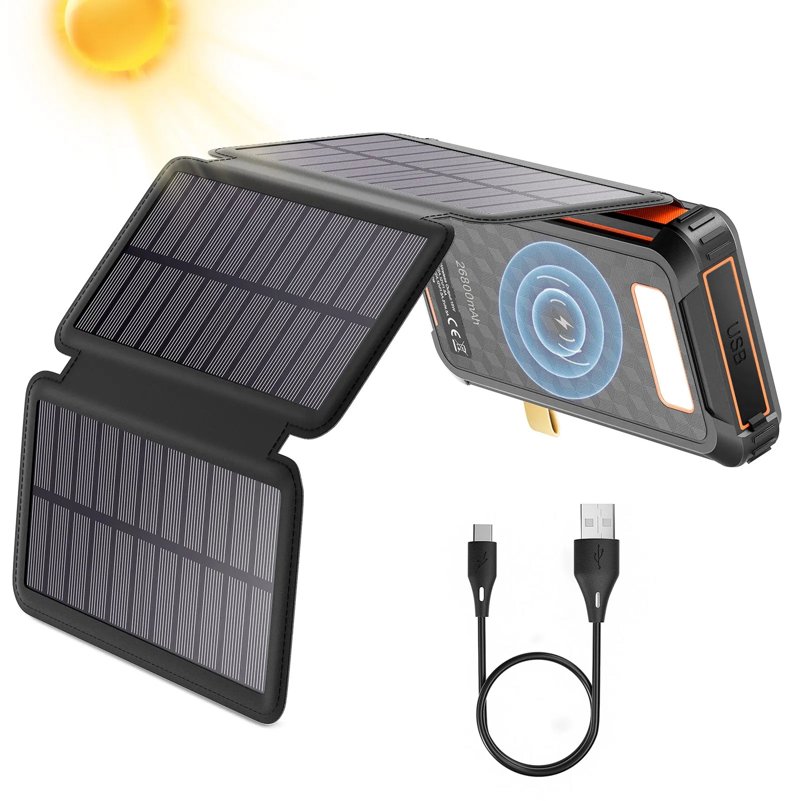 Power Bank Solaire 26800mAh Sans Fil 4 Câbles