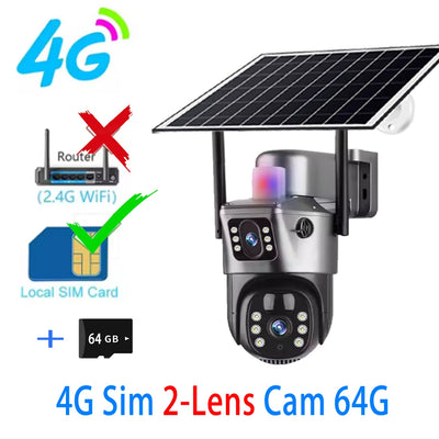 Caméra de Surveillance Solaire 4G WiFi 15MP 3 Objectifs V380