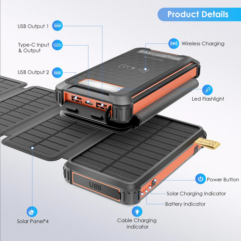 Power Bank Solaire 26800mAh Sans Fil 4 Câbles