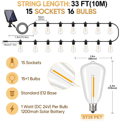 Guirlande Solaire LED ST38 Ampoules Étanche Télécommande