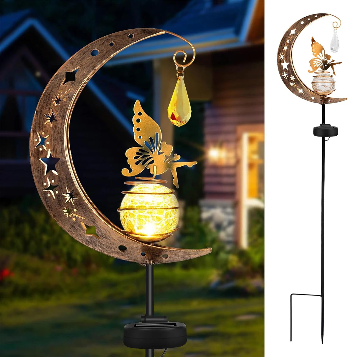 Piquet solaire de jardin avec globe en verre craquelé effet lune