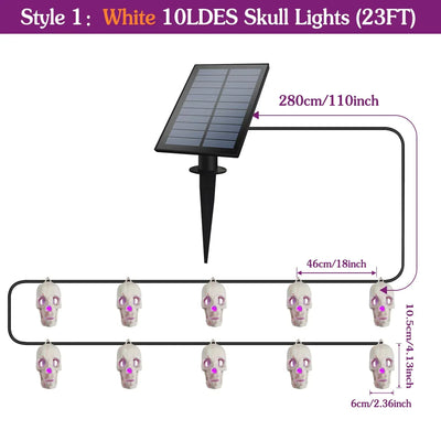 Guirlande Solaire Crâne Halloween 10 LED Étanche Extérieur