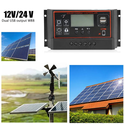 Régulateur Solaire PWM 100A 12V 24V Écran LCD 2 Ports USB