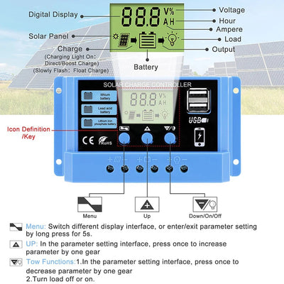 Régulateur Solaire PWM 30A 12V 24V LCD Double Sortie USB