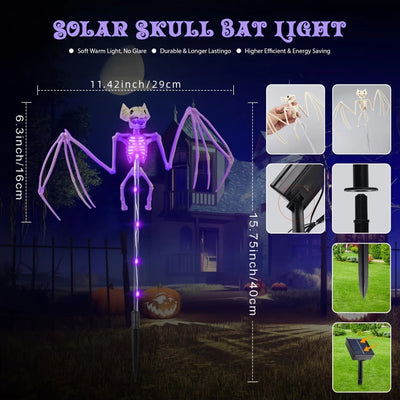 Lampe Solaire Halloween Chauve-Souris et Squelette 3D à Piquet