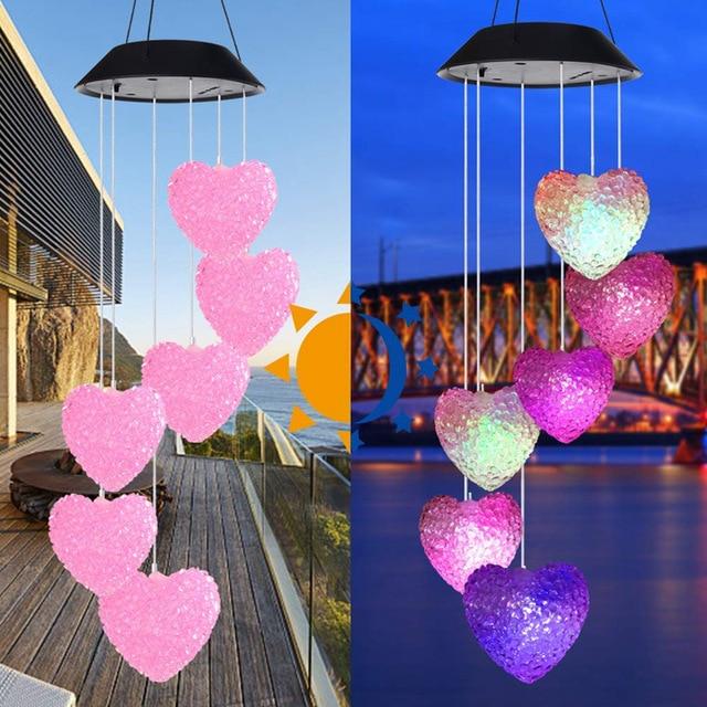 Carillon solaire 6 cœurs rose LED jardin