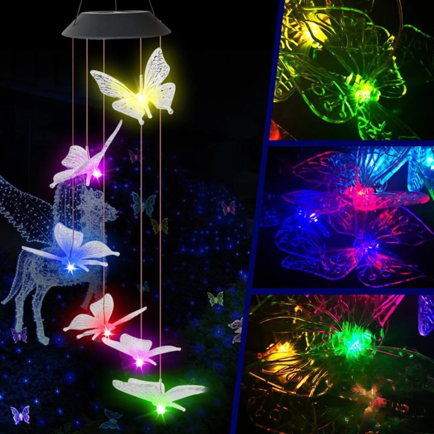 Carillon Solaire à Vent Papillon Lumineux LED Jardin