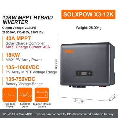 Onduleur Solaire Hybride Triphasé 12-20 kW – branchement aux panneaux solaires 12V/24V