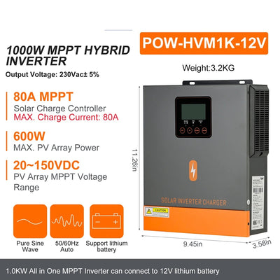 Onduleur Solaire Hybride 1kW 12V Onde Pure – écran de contrôle et indicateurs