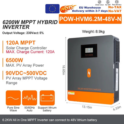 Onduleur Solaire Hybride 6,2kW 48V Onde Pure – écran de contrôle et indicateurs