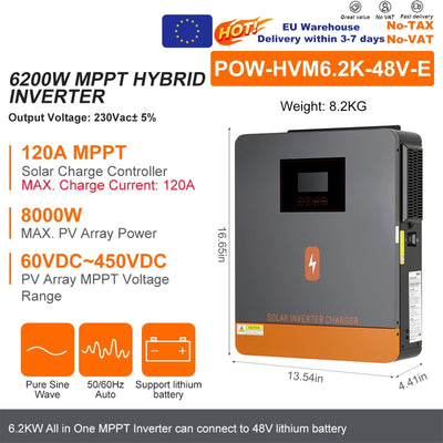 Onduleur Solaire Hybride 6,2kW 48V Onde Pure – prises de sortie et bornes de connexion