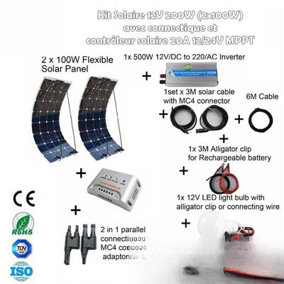 Kit Panneau Solaire Flexible 12V 200W avec Accessoires