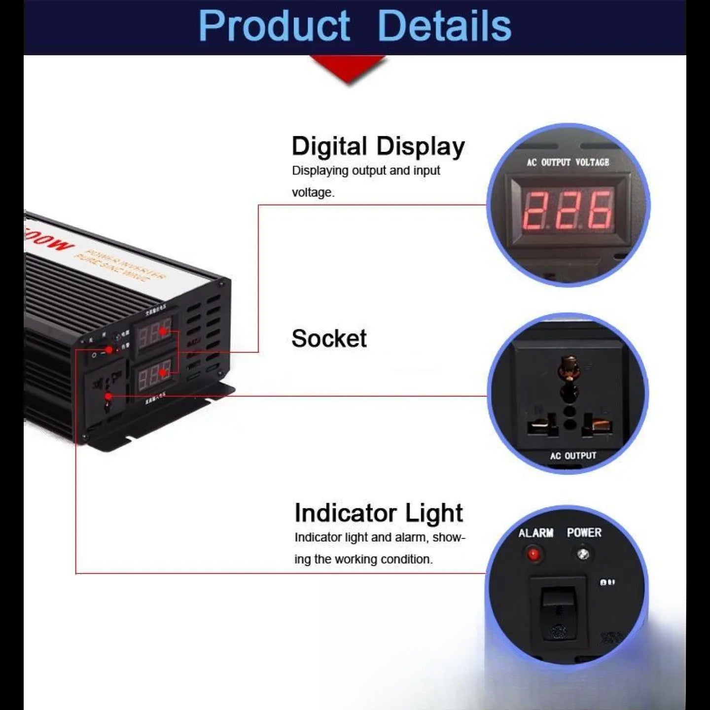 Convertisseur Solaire Pur Sinus 1500W 12V 24V 48V – écran de contrôle et prises de sortie