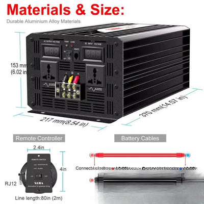 Convertisseur pur sinus 3200W matériaux dimensions et câbles