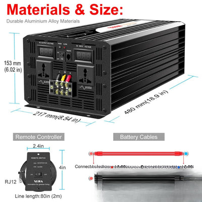 Convertisseur pur sinus 5000W matériaux dimensions et câbles