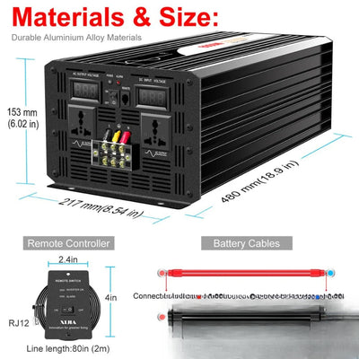 Convertisseur pur sinus 6000W matériaux dimensions et câbles