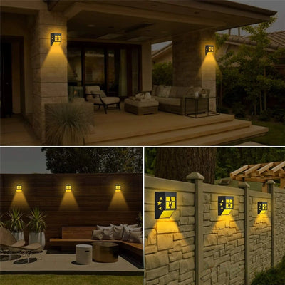 Applique solaire étoile installée sur terrasse et clôture la nuit