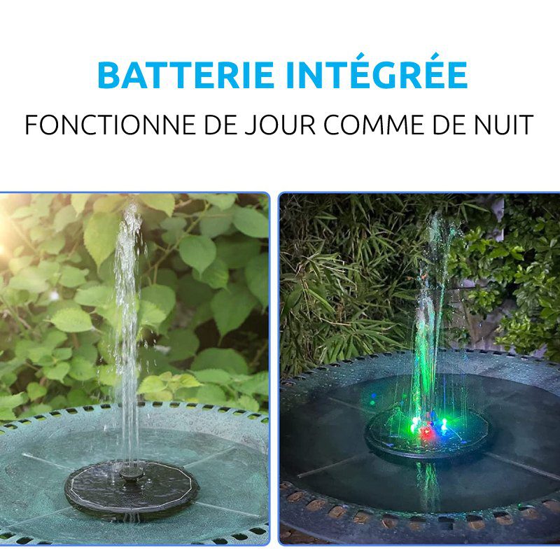 Fontaine solaire lumineuse flottant sur un bassin