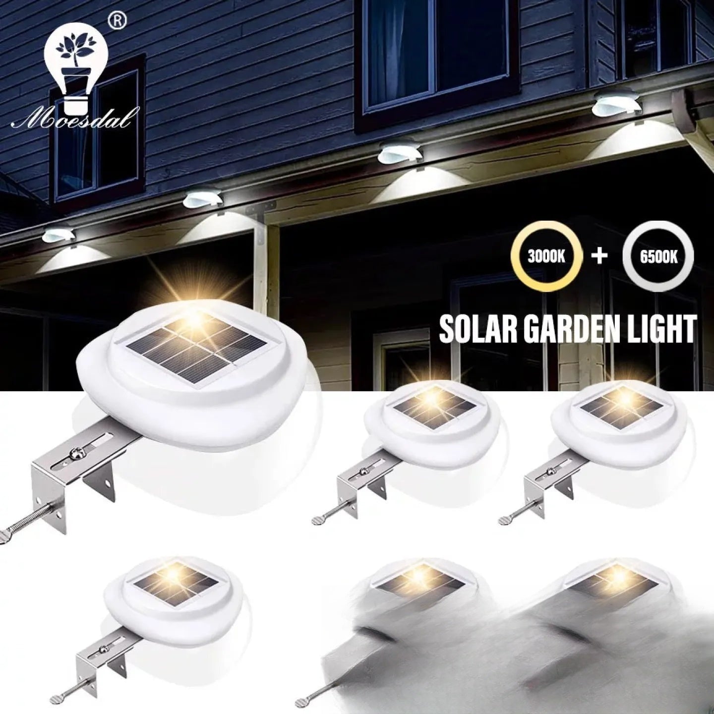 Lampe solaire de gouttière ronde LED extérieure blanc et noir