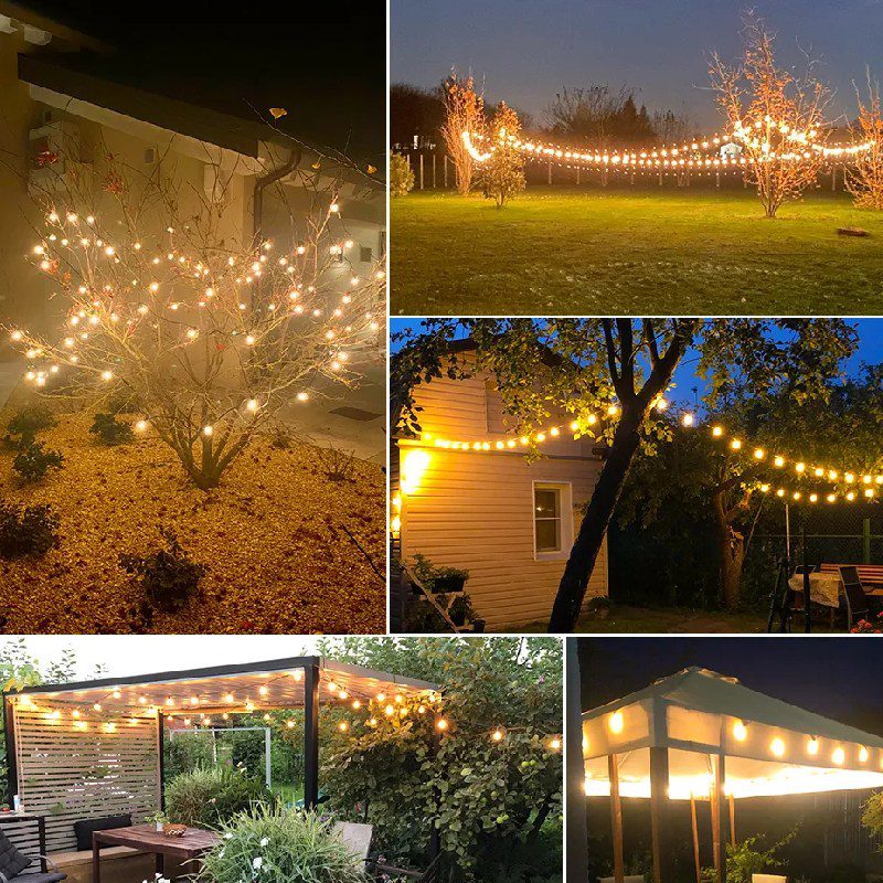 Guirlande guinguette solaire 10m éclairant un jardin