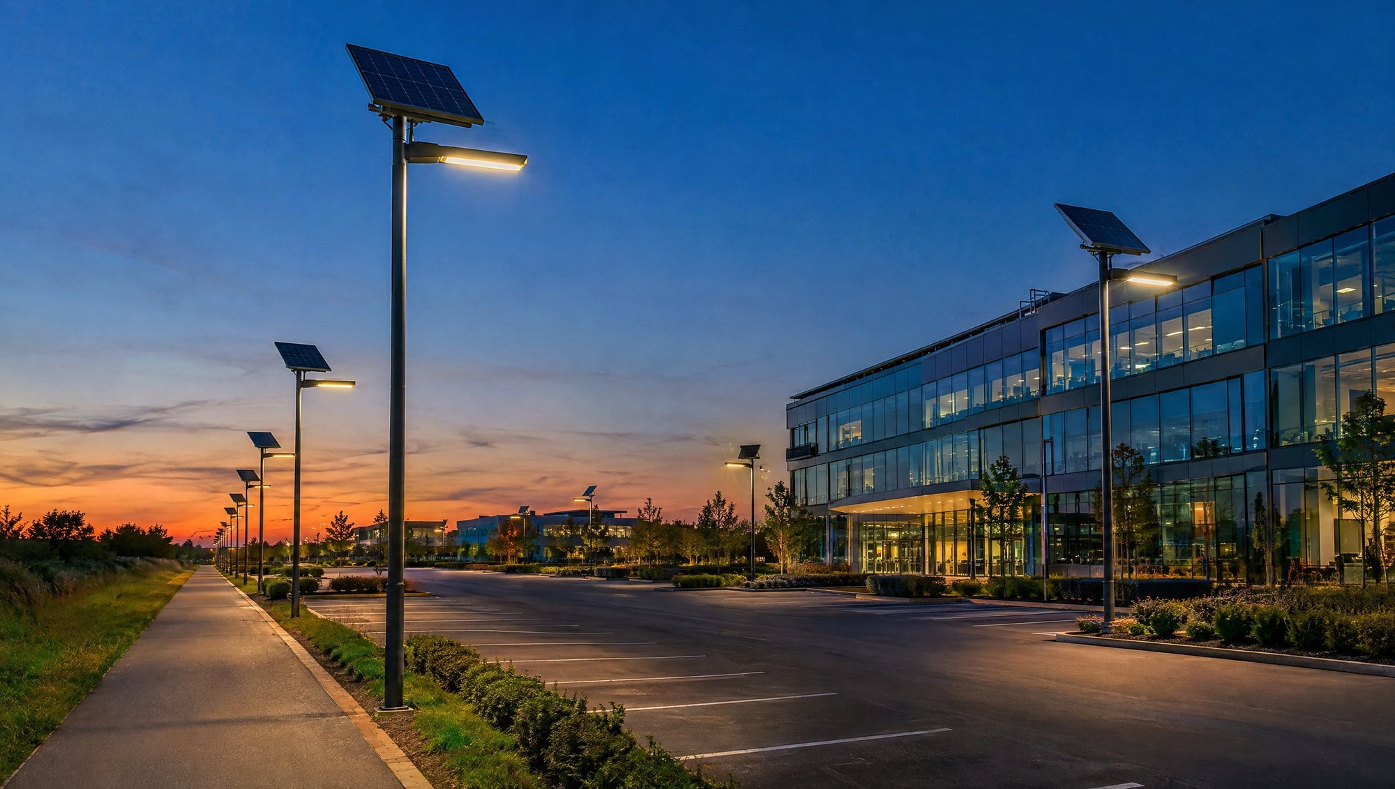 Lampadaires solaires éclairant un parking d'entreprise