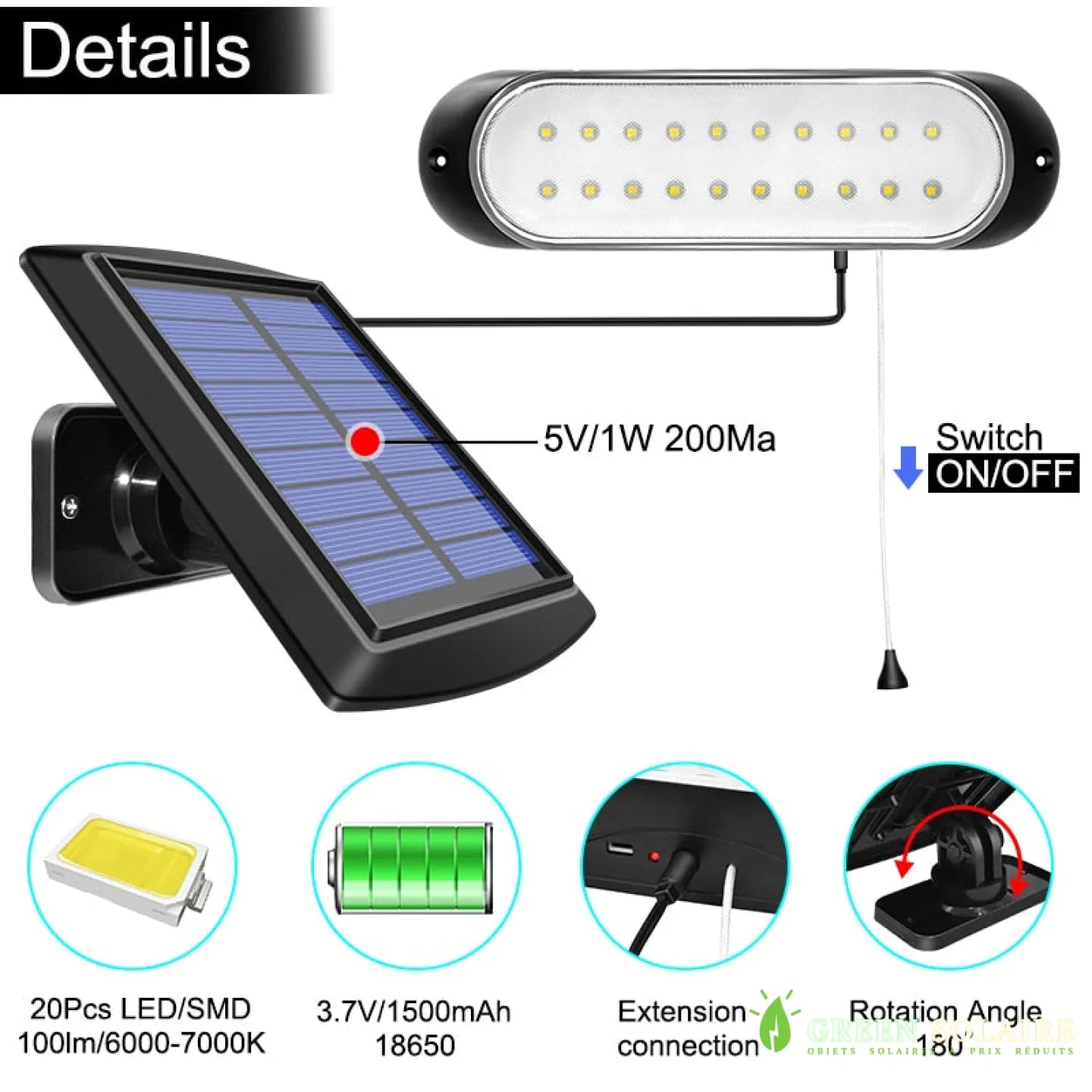 KIT ÉCLAIRAGE SOLAIRE ABRI DE JARDIN AVEC PANNEAU DÉPORTÉ