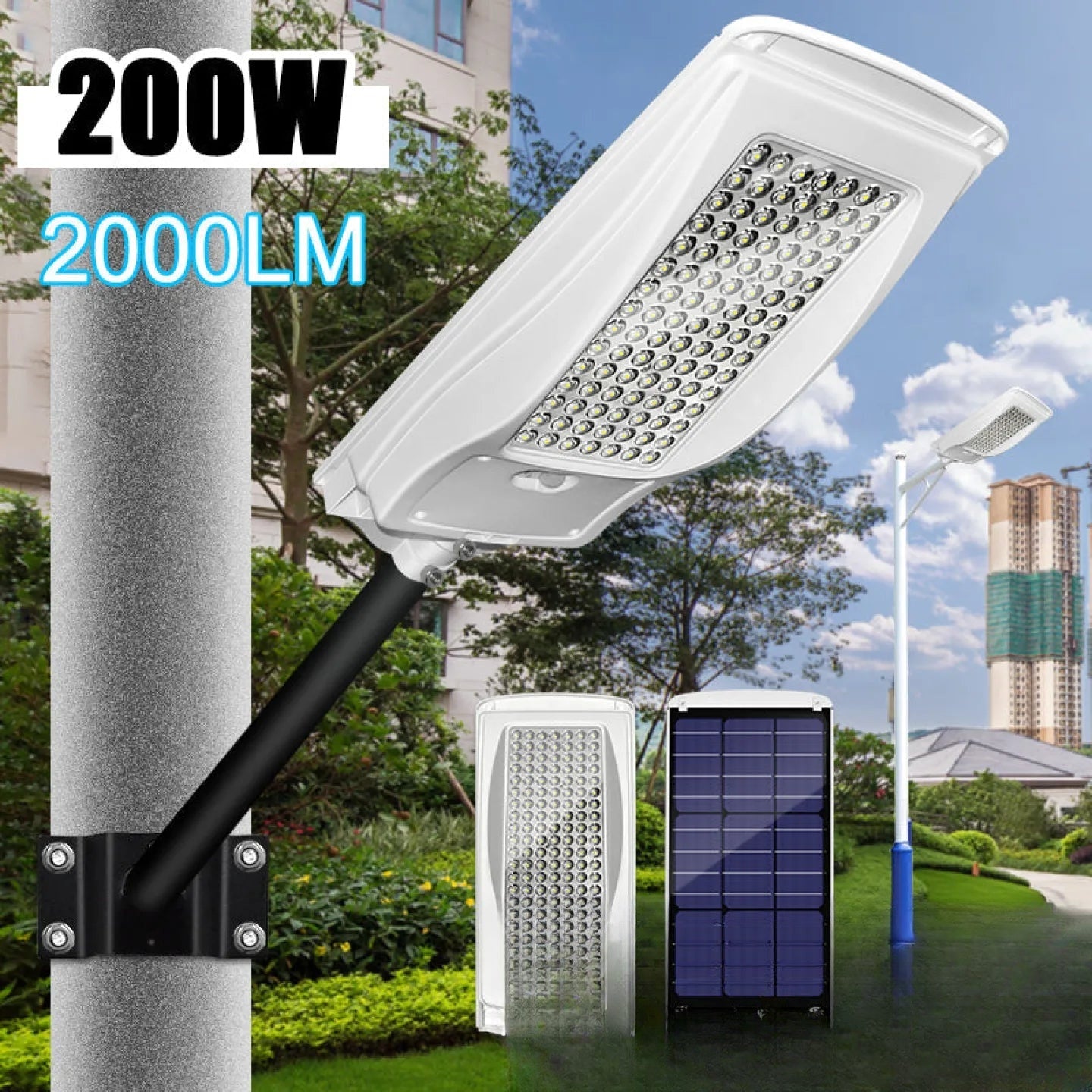 Lampadaire solaire blanc avec mât pour jardin 200W