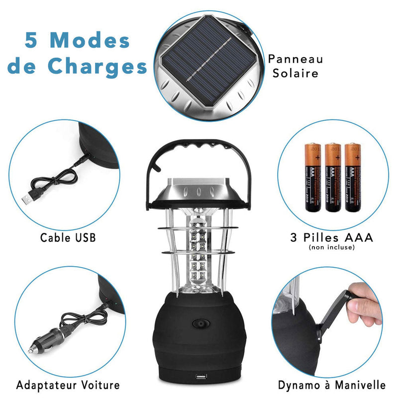 Lampe solaire camping noire argentée 36 LED IP68