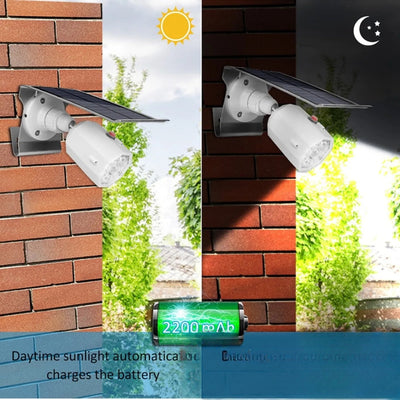 Lampe solaire orientable détecteur installée sur mur en briques jour et nuit
