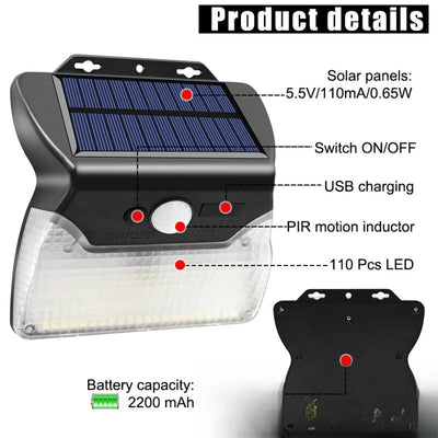 Lampe solaire USB détails panneau capteur PIR 110 LED
