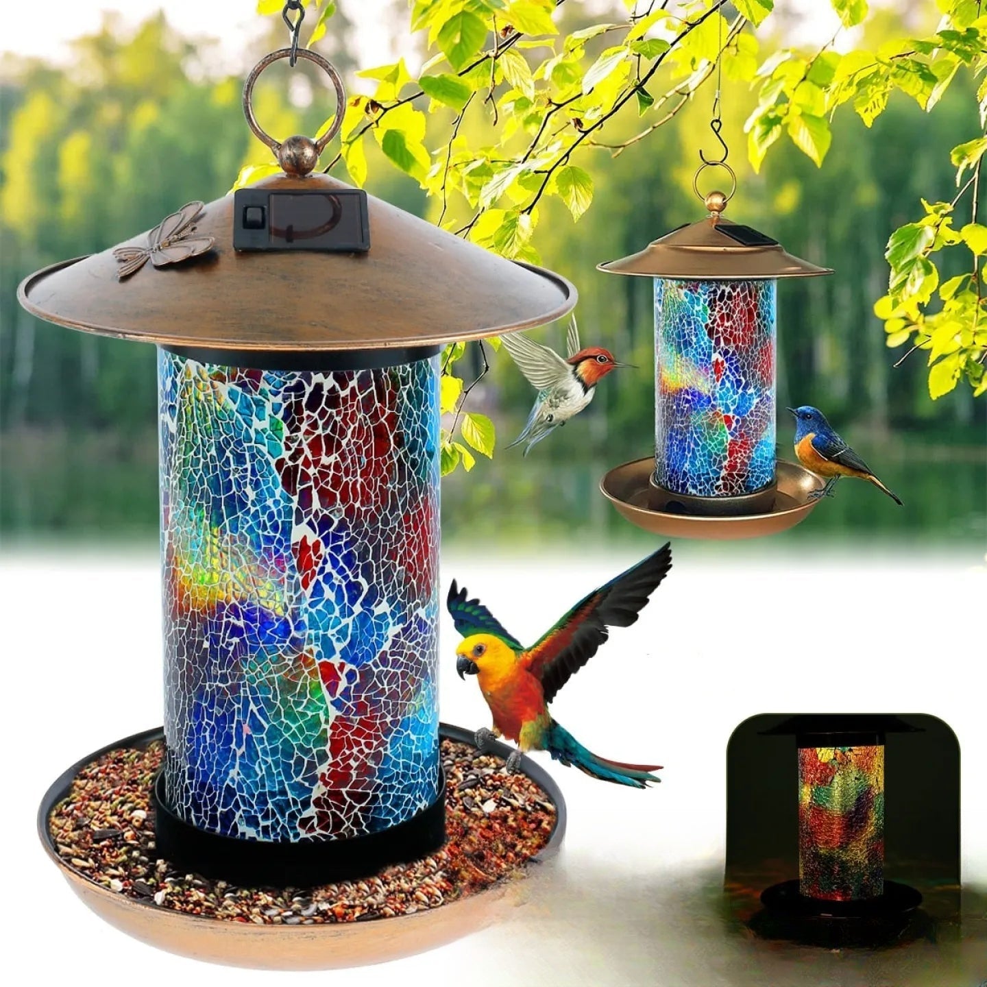 Mangeoire oiseaux solaire extérieur LED suspendue jardin
