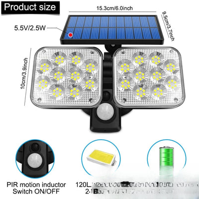 Projecteur solaire 2 têtes - dimensions et détecteur PIR