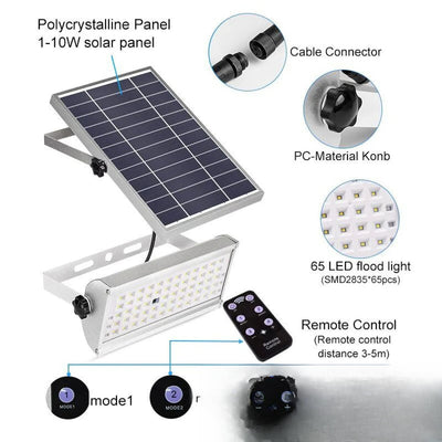 Projecteur solaire 65 LED panneau et télécommande détails