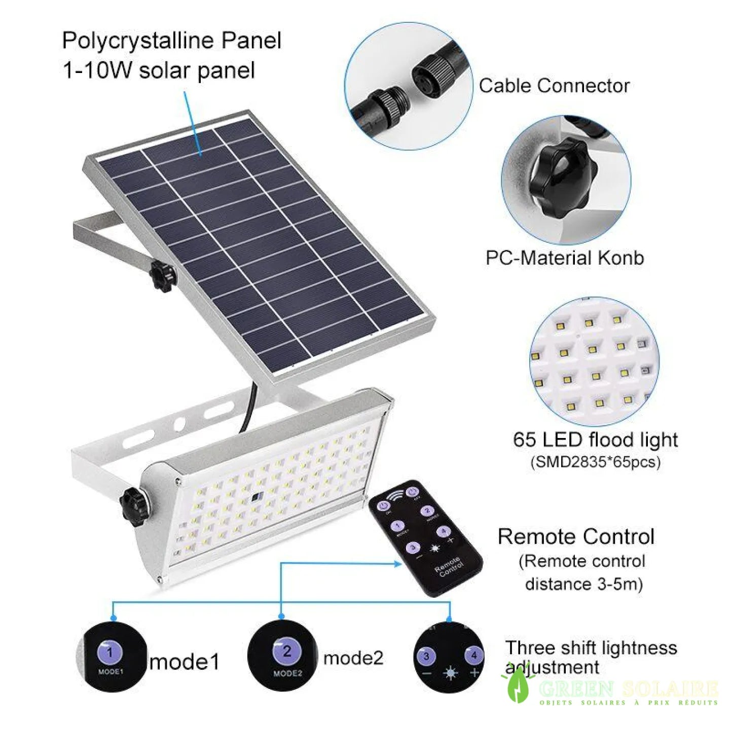 PROJECTEUR SOLAIRE À DÉTECTEUR 65 LED AVEC TÉLÉCOMMANDE