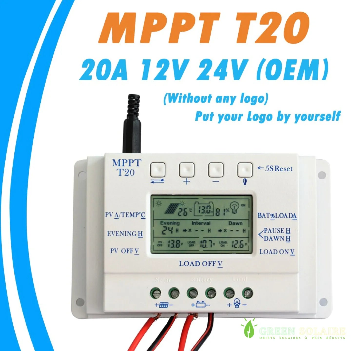 20A Contrôleur de charge solaire MPPT Tracer AN Series avec 12V/24V DC Identification automatique de la tension du système pour panneau solaire 100V jusqu'à 130W/260W (20A