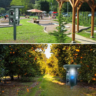 Répulsif ultrason solaire en situation dans un parc et un verger