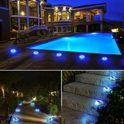 Spots solaires encastrables bleus piscine allée escalier