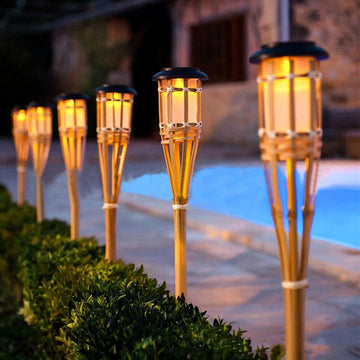 Torche Solaire Bambou Effet Flamme LED IP65 Jardin Extérieur
